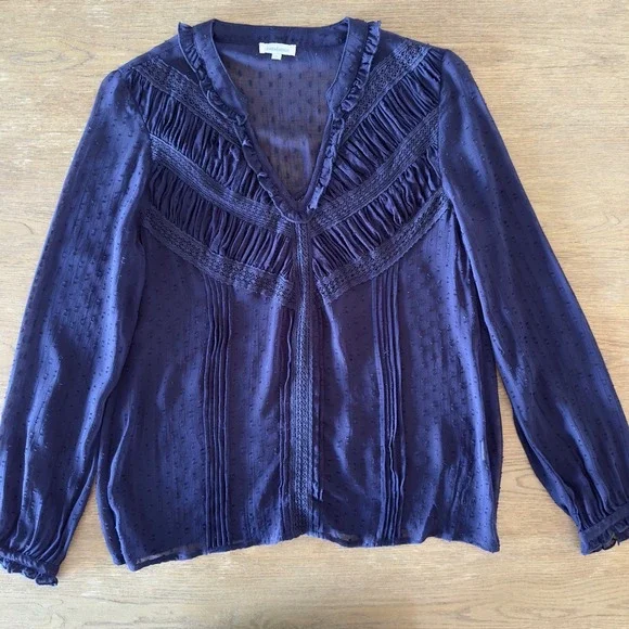 Sundance Silk Chiffon‎ Swiss Dot Pintuck Lace Top-Long Sleeve-Navy-Size Small - Picture 2 of 12